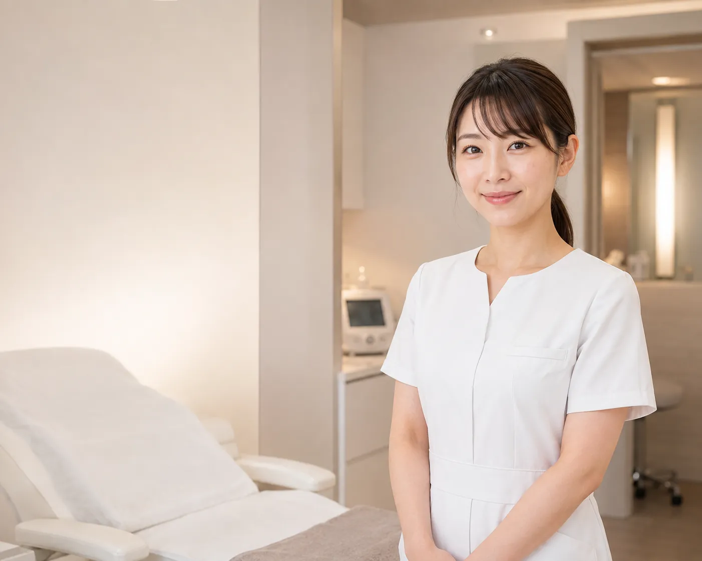 看護士 2026年8月17日 - 美容医師・美容看護師に転職・副業なら【美医転科】(ビーテン)|医師・看護師・受付・カウンセラー A friendly clinician in a white uniform stands in a softly lit spa room, smiling at the camera